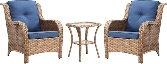 Rilyson Patio Bistro Set Outdoor Chairs - 3 Piece Wicker Rattan Patio Furniture Set with 2 Armrest Chair and 1 Side Table for Proch Deck Garden Backyard Balcony(Yellow/Blue)