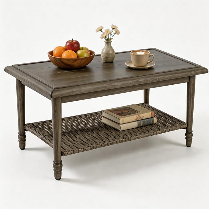 Outdoor Coffee Table, All-Weather Wicker Patio Table, 2-Layer Patio Coffee Table with Storage, Outdoor Side Table for Garden Porch Balcony Poolside