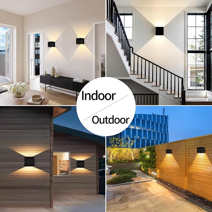 Mille Lucciole 12W 2Pack Outdoor Wall Lights Exterior/Interior,LED Black Outdoor Wall Sconces Light Fixtures Modern,IP65 Waterproof Square Aluminum Wall Lamps, Up and Down Lights 3000K Warm Lights