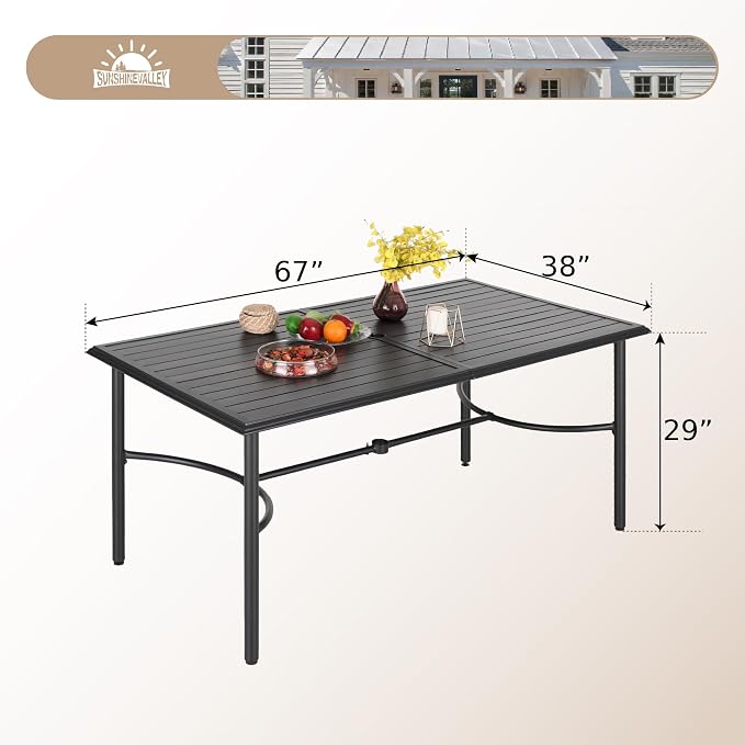 SUNSHINE VALLEY 67" Patio Dining Table for 6,Large Rectangle Patio Table with Umbrella Hole,E-Coating and Powder Coating Steel Frame Metal Outdoor Patio Table for Garden Backyard Lawn Yard