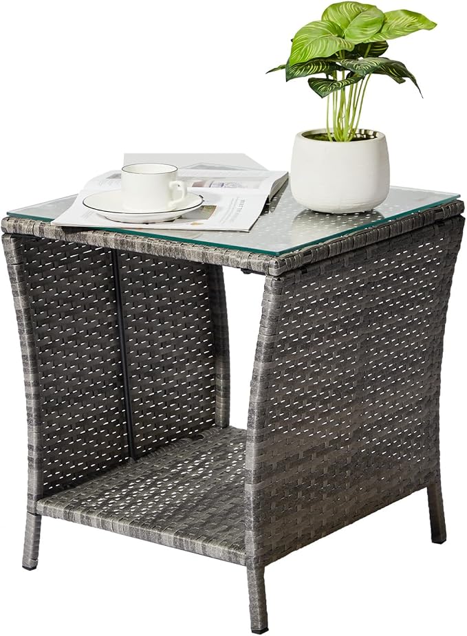 Outdoor Wicker Side Table with Tempered Glass, All-Weather Rattan Side Table with Storage Shelf, Wicker Patio Table for Outdoor Patio, Porch, Garden, Grey