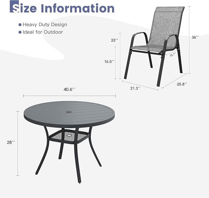 VICLLAX Round Patio Dining Set for 4, Metal Slatted Patio Table with Umbrella Hole and Stackable Patio Chairs for Deck Lawn Garden, Grey Fabric and Dark Grey Tabletop