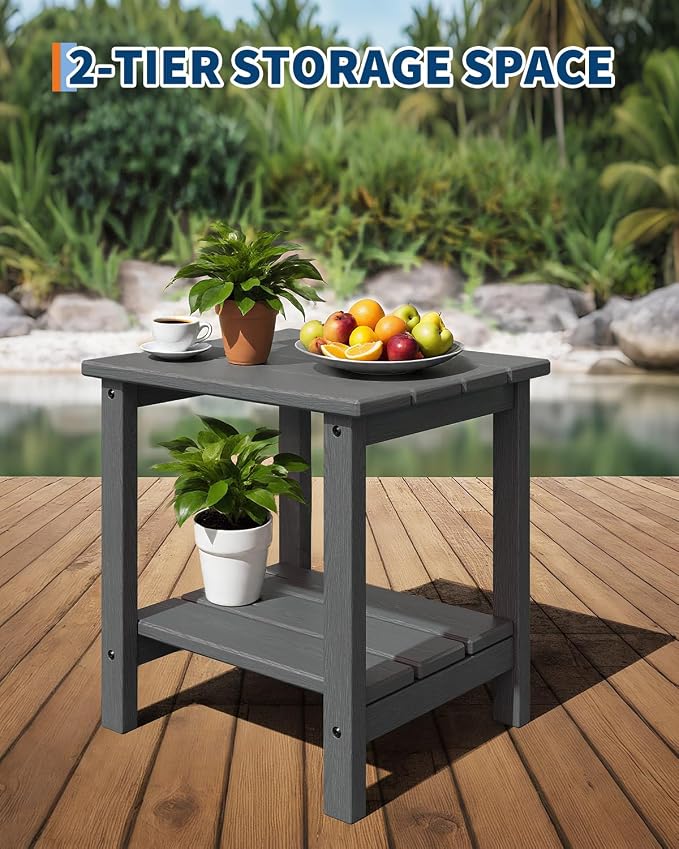Garvee Adirondack Outdoor Side Table 18 x 15 in, HDPE 2-Tier Patio Side Tables for Outside, All-Weather End Table for Patio Pool Deck Indoor Backyard, Gray