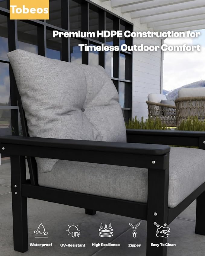 HDPE 3 Piece Patio Furniture Set, All-Weather Outdoor Couch Bistro Set with Thick Cushions & Side Table, Patio Conversation Sets for Lawn, Garden, Porch, Balcony, Deck, Poolside, Black & Grey