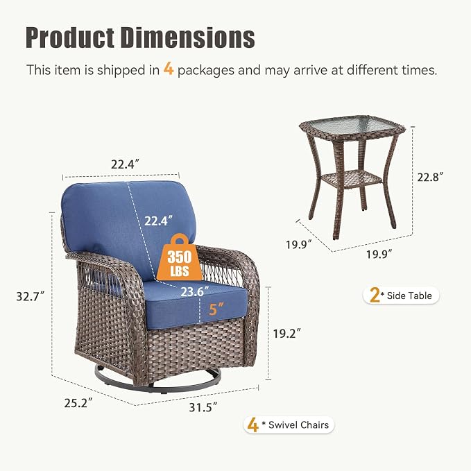 Patio Furniture Sets, 6 PCS Wicker Outdoor Furniture with Patio Sidetables - Patio Swivel Rocking Chairs and Rattan Side Table for Garden, Porch, Backyard, Blue/Brown Wicker