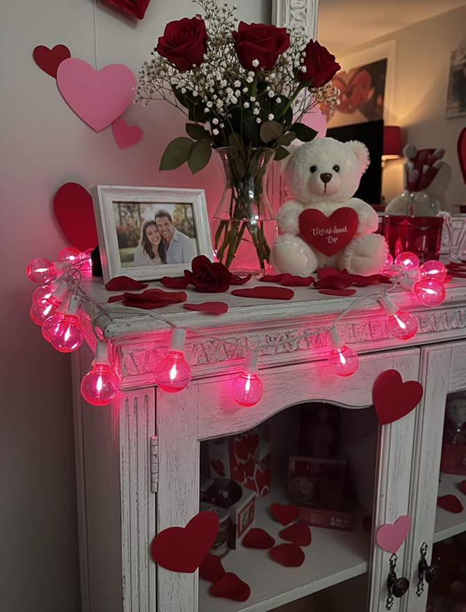 25FT G40 LED Outdoor Valentine's Day String Lights, Pink Valentine's Day Decorations Lights with 27 Shatterproof Pink Globe Bulbs, Hanging Patio Lights Waterproof for Holiday Backyard Party Garden