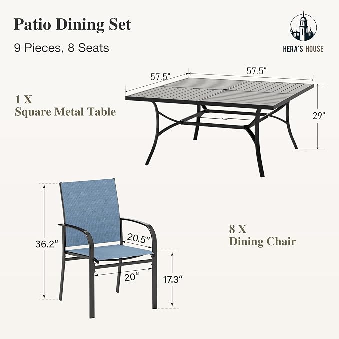 HERA'S HOUSE 9pc Outdoor Patio Dining Set for 8, Textilene Chairs, Blue | 57.5" Square Metal Table with umbrella hole. Waterproof, rust-resistant, all-weather for backyard, porch
