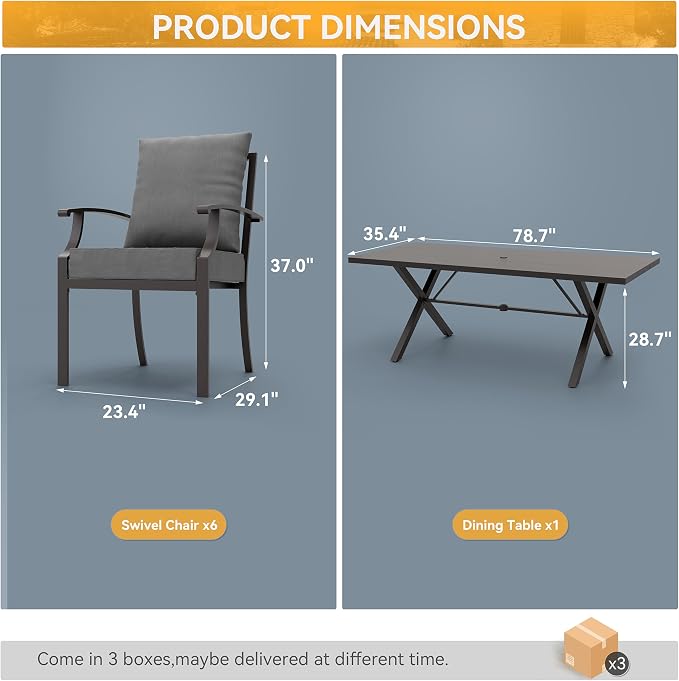 ALAULM 7-Piece Patio Dining Table and Chairs Outdoor Dining Set for 6 Patio Dining Sets with Rectangular Metal Table with Umbrella Hole for Patio, Backyard, Garden-Grey