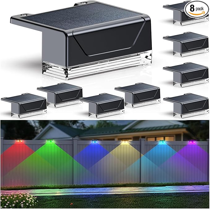 LIANGLOME 8PK Solar Fence Lights Outdoor - Warm White & RGB 6 Color, Dusk to Dawn Deck Light, IP65 Waterproof Garden Lights for Outside/Backyard/Railing/Step/Patio/Wall