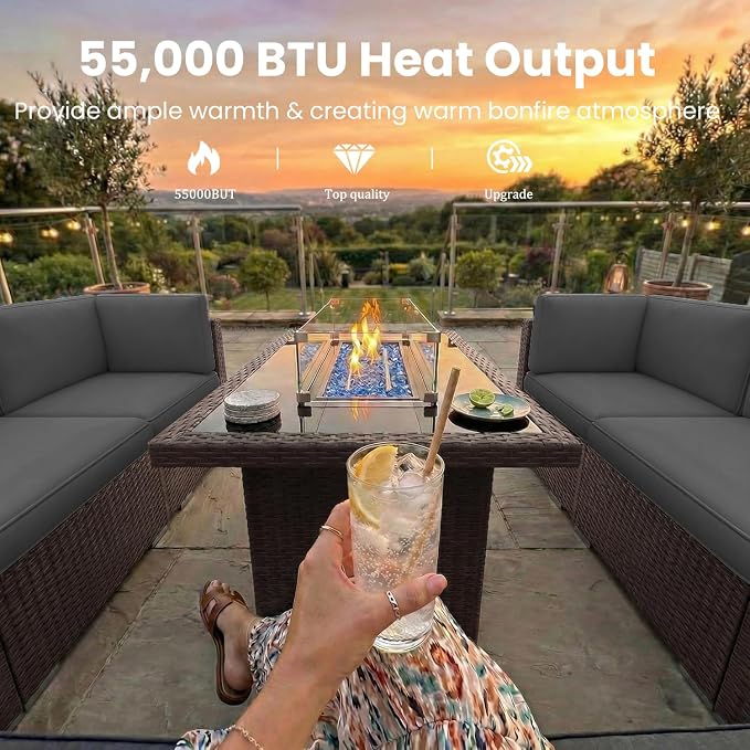 10 Pieces Patio Furniture Set with 44" Propane Gas Fire Pit Table, Outdoor Sectional Brown Rattan Wicker Conversation Sofa Sets with Coffee Table