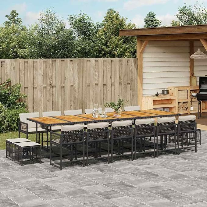 17-Piece Outdoor Dining Set for 16 People, Garden Patio Table and Chairs Furniture Set, Weather-Resistant PE Rattan with Cushions, Black and Cream White