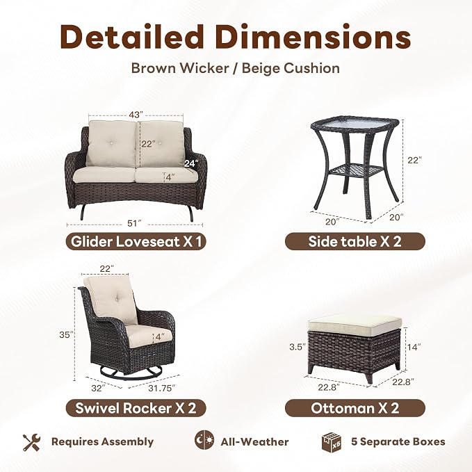 Belord 7 Piece Wicker Patio Furniture Set, Outdoor Swivel Rocker Chairs Set of 2 with Ottomans and Loveseat, All Weather Patio Conversation Furniture Set, for Pool,Yard,SunroomBrown Wicker/Beige