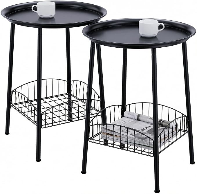 2 PCS Small Outdoor Side Table, 2-Tier Round Metal Patio Table, Accent Table Waterproof, Weather Resistant End Table for Yard Porch Pool Balcony Garden Bedside