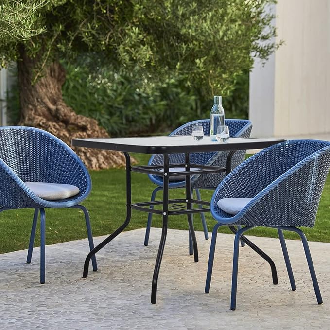 BLKMTY Outdoor Patio Table Bistro Metal Steel Frame Square Table Balcony Conversation Coffee Tables with Umbrella Hole Outside Garden Dining Tables with Tempered Glass Top, Black