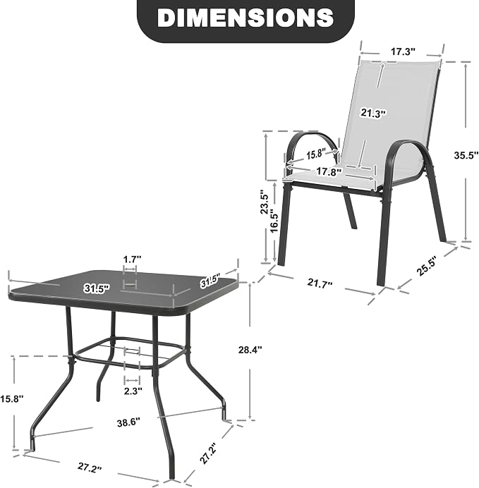 NUU GARDEN 5-Piece Outdoor Patio Dining Set, All-Weather Metal Dining Table with 1.57" Umbrella Hole and 4 Ergonomic Stackable Chairs, Textilene Furniture for Garden, Backyard, Black Gray
