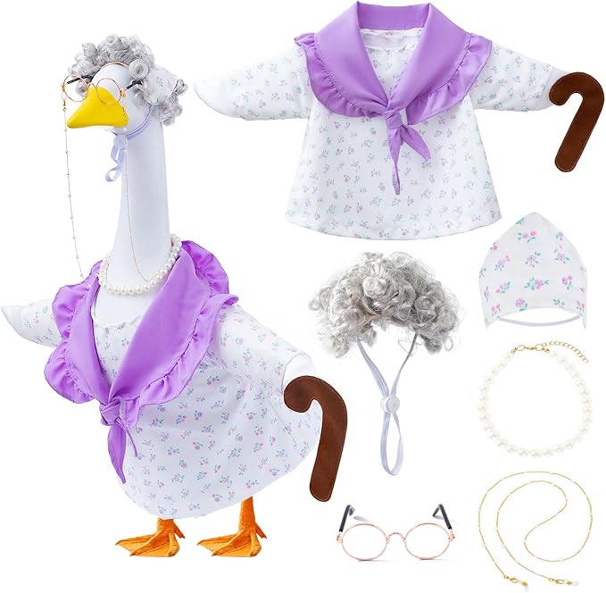 Old Lady Porch Goose Outfits with Floral Dress for 23" Cement Goose Statues | 23 inch Funny Concrete Goose Outfit Grandma Costume with Wig Glasses Cane for Lawn Yard Garden Patio Decor(Hyacinth Floral)