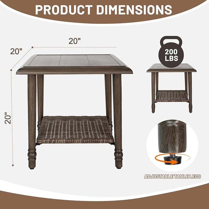 Loungewave Square Outdoor Side Table, 2-Tier Storage Patio Side Table, 20in Wicker Rattan Coffee Table, Metal End Table, Indoor Outdoor Wicker Small Table for Patio, Pool, Porch (Brown)
