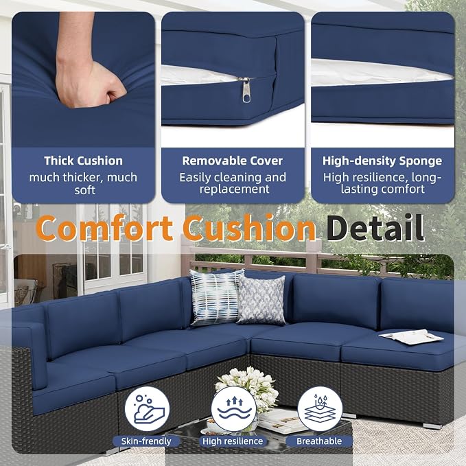 Oakcloud 7-Piece Outdoor Patio Furniture Sofa Set Black Rattan Wicker Sectional Conversation Sets with Glass Top Table and Cushions(Dark Blue)