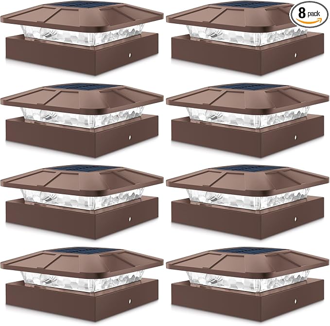 4x4 Solar Post Cap Lights Outdoor with 3 Modes, 8 Packs Brown Fence Light Solar Powered Waterproof, Wood/Vinyl Posts Caps Lights for Deck Yard Garden Patio Porch Railing Outside
