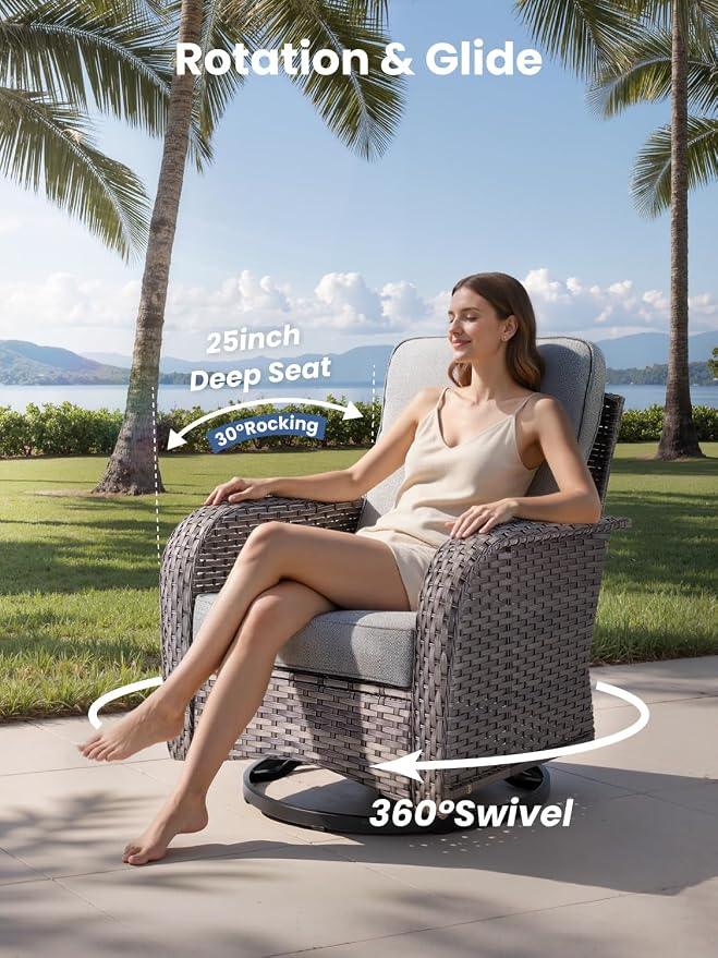 3-Piece Outdoor Patio Furniture Set with Swivel Chairs, Outdoor Conversation Wicker Sofa with Coffee Table, Rattan Couch for Deck Yard Poolside, Dark Grey