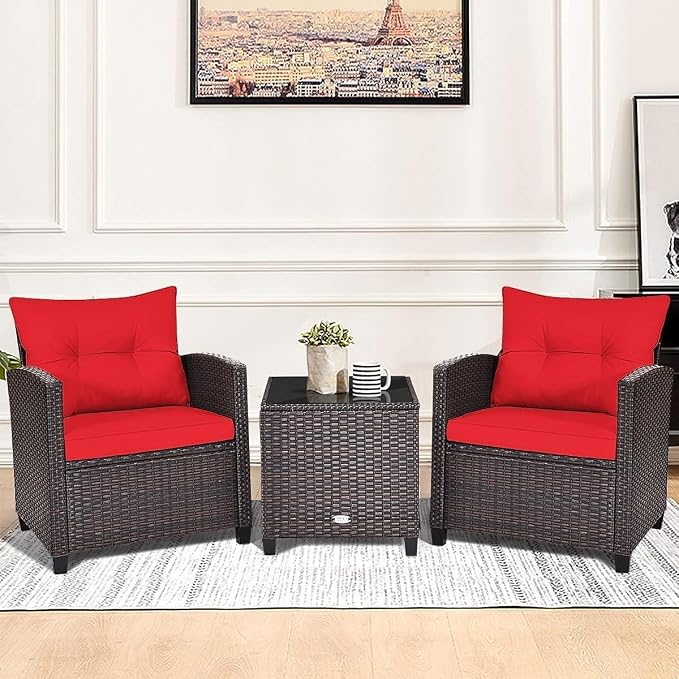 HOMGX 3 Pieces PE Rattan Wicker Patio Sofa Chairs, Outdoor Furniture Conversation Sets with Washable Cushion & Glass Table, Rattan Sofa Set for Balcony, Porch, Yard, Backyard, Lawn, (Red)