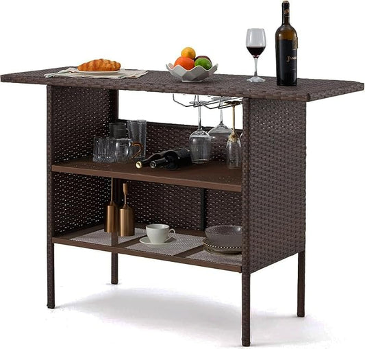 ECOTOUGE Patio Wicker Bar Table, Outdoor Rattan Counter Table with Steel Storage Shelves & Wine Rack for Party, Picnic (Brown)