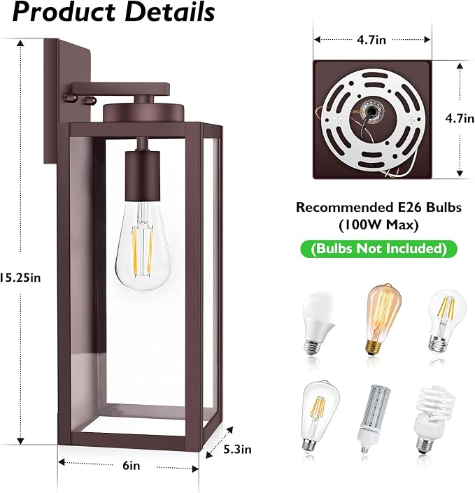 BesLowe 15” Large Outdoor Wall Light Fixture, Exterior Porch Sconce, Brown | Waterproof, Rust-Resistant, Durable Metal with Clear Glass, Standard E26 Socket, Easy to Install