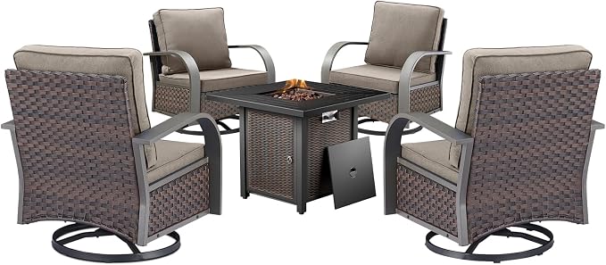 HUMMUH Outdoor Furniture with Fire Pit -Patio Table and Chairs Set of 4 Swivel Patio Chairs for Deck Porch Garden Poolside Backyard-Brown/Grey