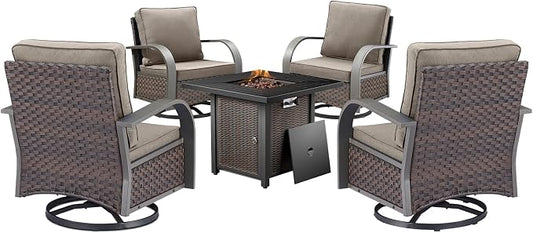 HUMMUH Outdoor Furniture with Fire Pit -Patio Table and Chairs Set of 4 Swivel Patio Chairs for Deck Porch Garden Poolside Backyard-Brown/Grey