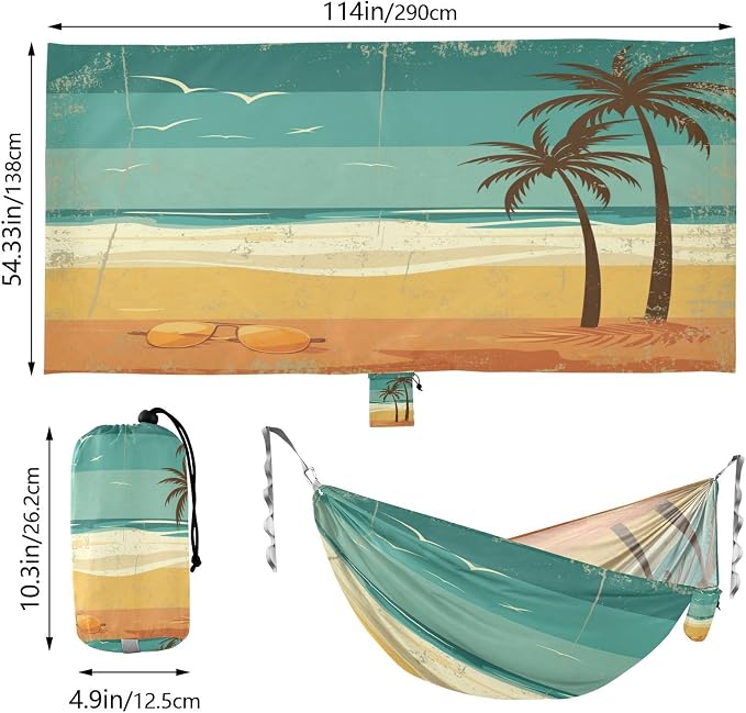Retro Beach Scene Camping Hammock, Portable Lightweight Single Hammock with Tree Straps and Aluminum Carabiners, 114" x 54" Travel Hammock for Hiking Backpacking Beach