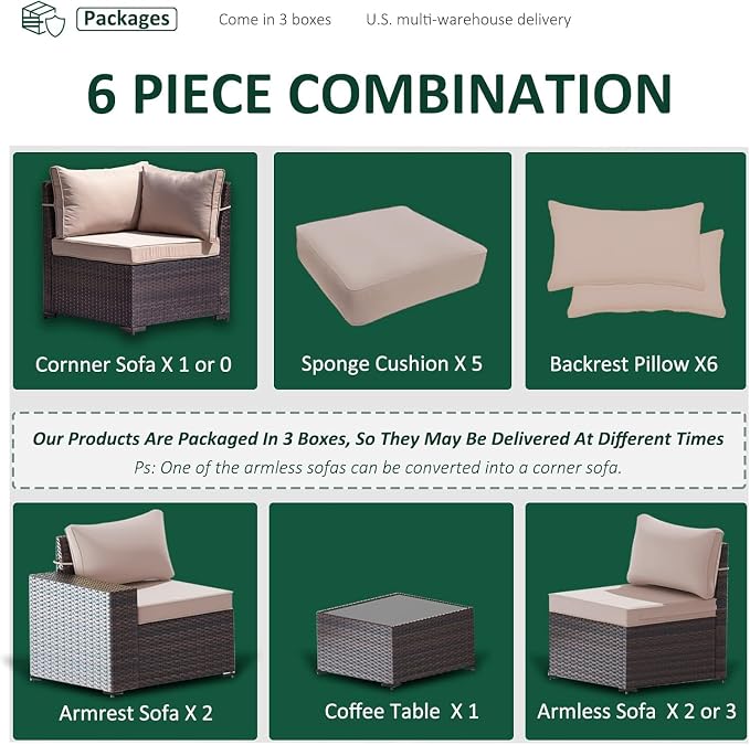 6 PCS Outdoor Patio Furniture Set,Outdoor Sectional Furniture All Weather PE Rattan Wicker Patio Conversation Set with Coffee Table and 5 Thickened Cushions,Sand