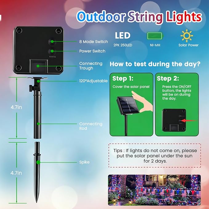 KAQ 2pack 500LED Solar String Lights Outdoor Waterproof Red White Blue | Total 180FT Flexible Wire With Bright LEDs, 8 Twinkle Modes with Memory, Auto On/Off Easily Decorates Trees, Fences, Garden