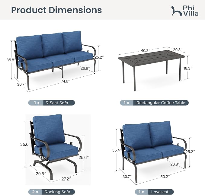 PHI VILLA Patio Furniture Set, 1 Loveseat, 3-Seater Sofa, 2 Rocking Chairs and a Coffee Table, Outdoor Metal Conversation Set with 5.75" Extra Thick Cushion for Garden Backyard Deck, Navy