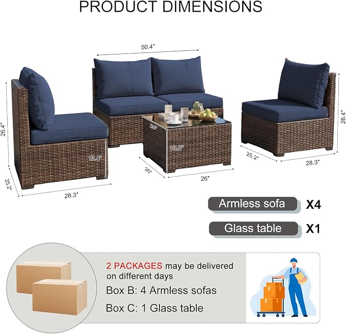5 Pieces Patio Furniture Set with Glass Table, Outdoor PE Rattan Sectional Sofa with Soft Cushions for Backyard, Porch, and Poolside (Blue, 5 PCS w/Table)