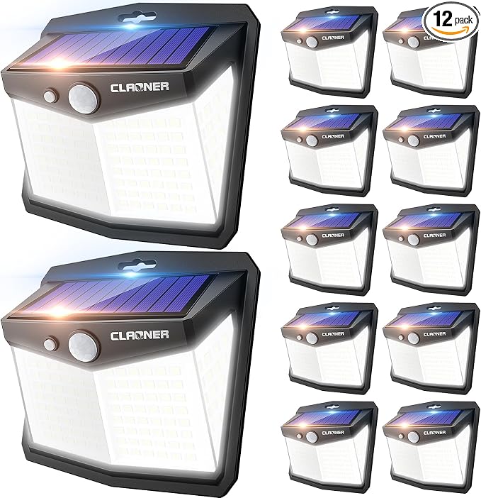 CLAONER Solar Lights Outdoor, [128 LED/12 Packs] Motion Sensor Lights 3 Working Modes for Outdoor with 270° Wide Angle Wireless IP65 Waterproof Security Light for Fence, Patio, Cold White