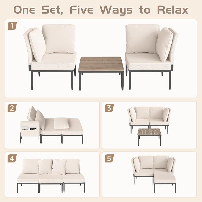 5 in 1 Modular Patio Furniture Set, 3 Piece Aluminum Convertible Outdoor Sectional to Loveseat, Tanning Chair, All-Weather Seating for Balcony, Apartment, Beige