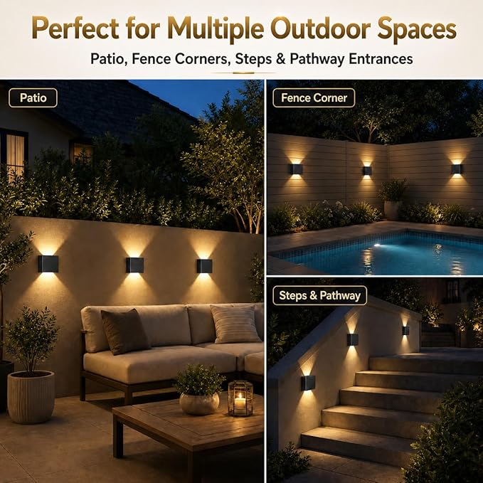 T-SUN 8 Pack Solar Wall Lights Outdoor, Up and Down Solar Wall Sconce | 3000K, IP65 Waterproof Decorative Accent Lights for Front Porch, Garage Wall, Back Patio, Fence Corner, Pathway Entry