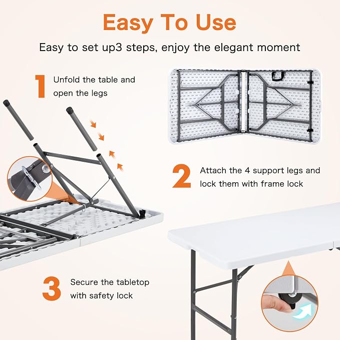 Sweetcrispy 4 FT Folding Picnic Table Easy to Fold and Store, Foldable Table for Camping Picnic Dining Party Kitchen Outdoor Indoor with Carrying Handle