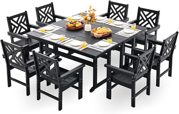 HDPE Outdoor Dining Set,10-Piece Outdoor Table and Chairs Include 8 Dining Chairs and 2 Pcs 62.5" Patio Dining Table with Umbrella Hole (Black)