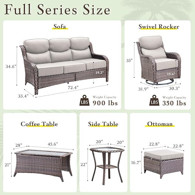 Luxury High Back Outdoor Furniture with 6-inch Extra Thick Cushions, Patio Furniture Set with Swivel Chairs, 4 PCS Wicker Conversation Set for Yard, Deck, Poolside, Brown/Beige