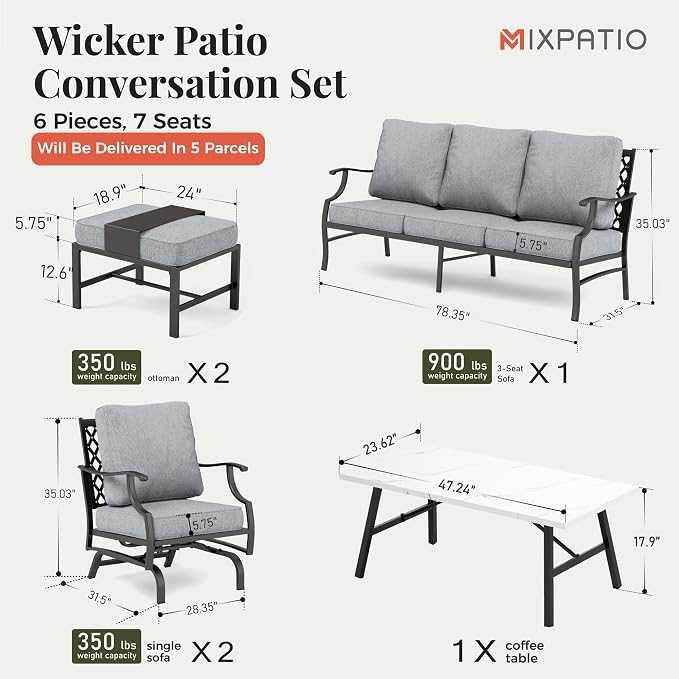 MIXPATIO Patio Furniture Set 6 pcs, Outdoor Patio Furniture, 3-Seat Sofa, 2 Rocking Chairs, 2 Ottomans, Coffee Table and 5.75" Extra Thick Cushion, Patio Conversation Set for Backyard Deck,Grey