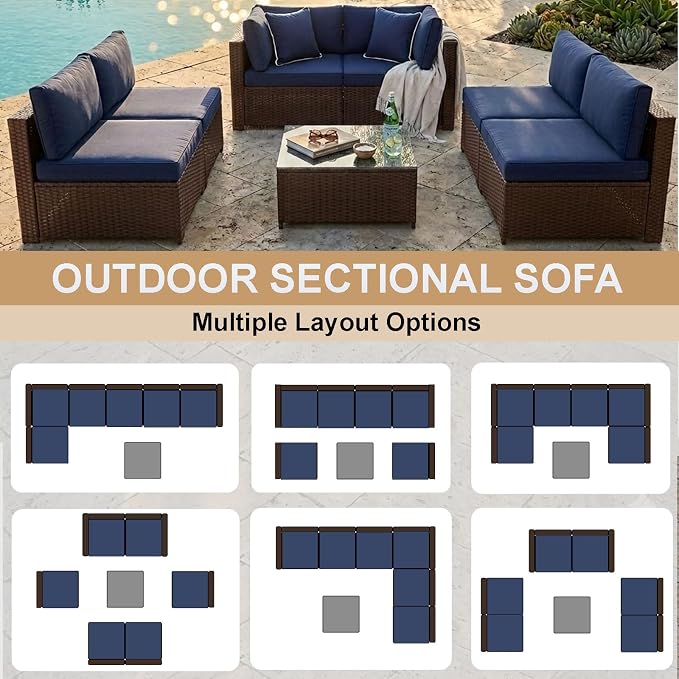 KIGOTY 7-Piece Patio Furniture Set, All-Weather PE Rattan Outdoor Sectional Sofa, Modular Wicker Conversation Set with Thick Cushions & Easy-Clean Coffee Table（Brown/Navy）