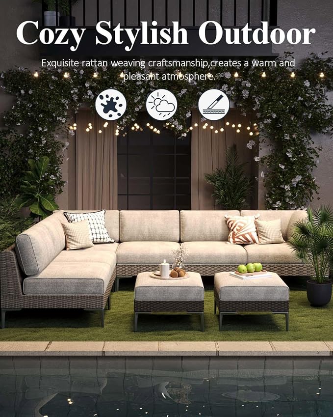 LayinSun 10-Piece Wicker Rattan Patio Furniture Set, Deep Seating Outdoor Modular Sectional Sofa Conversation Set with Thick Cushions for Lawn, Garden