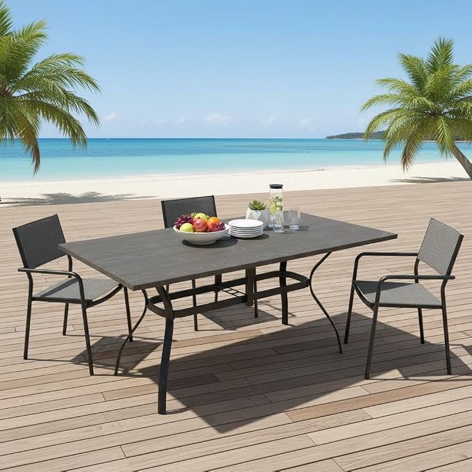 Anmutig Outdoor Rectangle Dining Table 6-Person with 1.57" Umbrella Hole Metal Steel Backyard Bistro Table for Garden, Poolside, Backyard, Brown Top