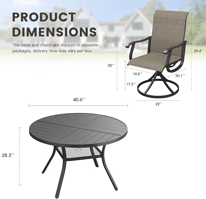 Outdoor Dining Set for 4, 40.7" Metal Round Outdoor Dining Table with Umbrella Hole and Sling Patio Swivel Chairs, 5 Pieces Patio Table and Chairs Set for Garden Backyard, Mixed Brown and Black