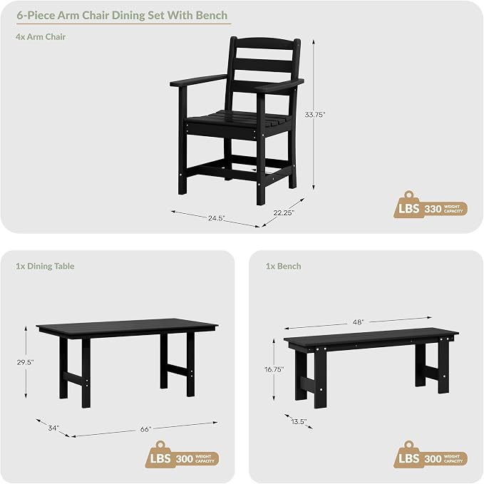 WestinTrends Ashore 6-Piece Outdoor HDPE Patio Dining Table Set with Bench, Dark Green