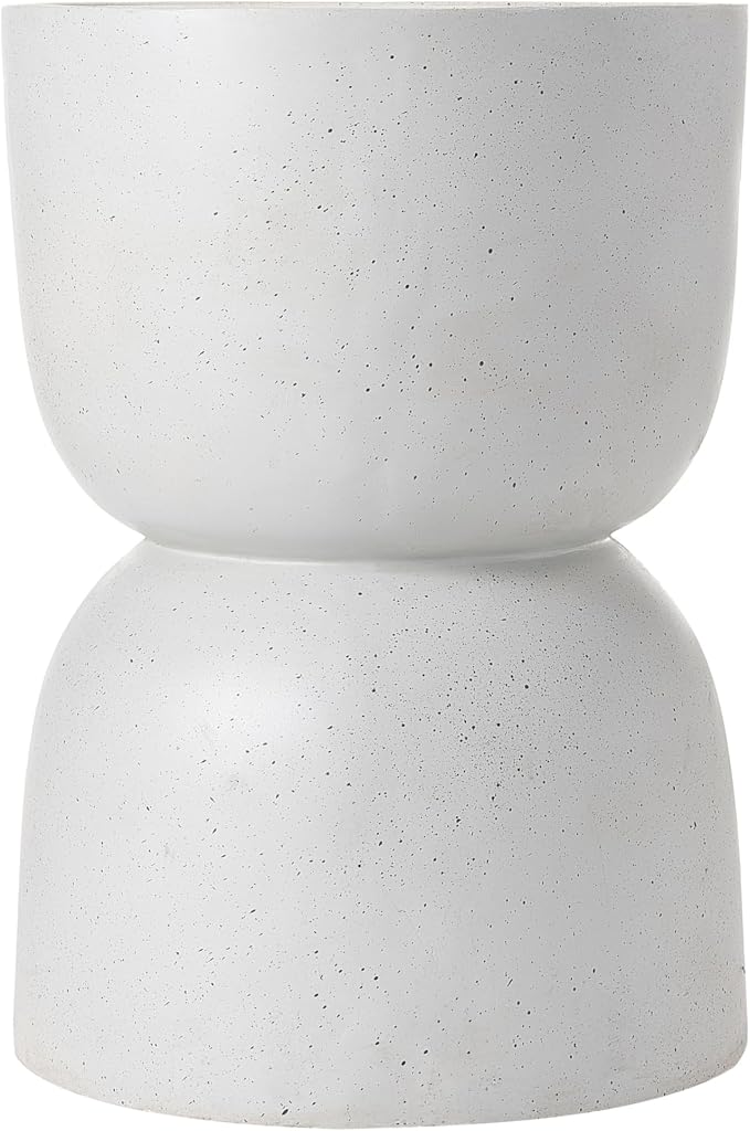 Christopher Knight Home Ema 22"H Lightweight Concrete Outdoor Side Table with Storage, Hourglass Shaped Patio End Table, MGO Outdoor Coffee Table, No Assembly Garden Plant Stand Indoor, White+Natural