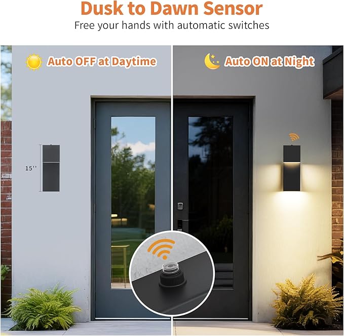 15'' Modern LED Outdoor Wall Sconce, Black Dusk to Dawn Lights,1 Pack | Auto ON-OFF, Waterproof Exterior House Lights, Hardwired Front Porch Light Fixtures for Garage, Metal, 3000K, Easy to Install
