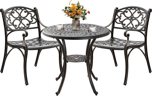 3 Piece Outdoor Dining Set,Cast Aluminum Bistro Set with Umbrella Hole, All Weather Patio Furniture Set, Small Patio Dining Set for Garden/Balcony/Deck Bronze (Flower Backrest)