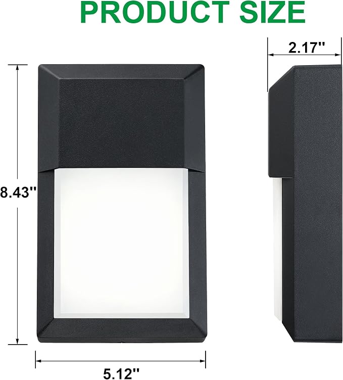 Outdoor Porch Light, LED Wall Sconce, Rustproof Aluminum | Modern Exterior Wall Light Fixture for House, Patio, Garage, 12W 1000 Lumen, Waterproof, 5000K, Black, 2 Pack